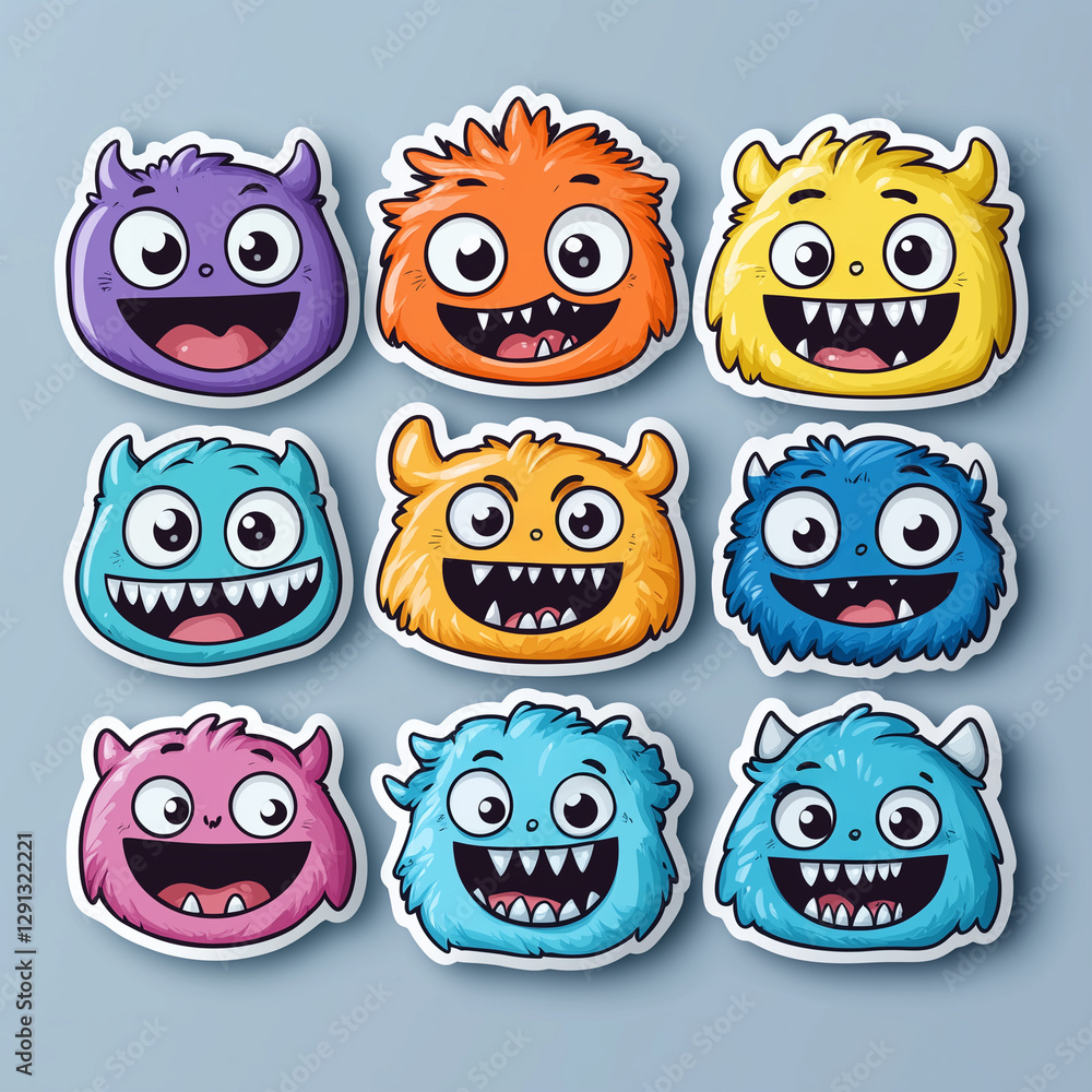 Fototapeta premium sticker bundle of tiny monster faces, with silly grins, goofy fangs, and wacky colorful fur generative AI