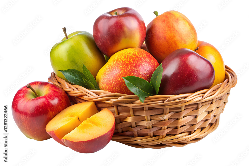 Fresh Juicy Mangoes and Apples in Wicker Basket on White Background Fresh Juicy Mangoes and Apples in Wicker Basket on White Background