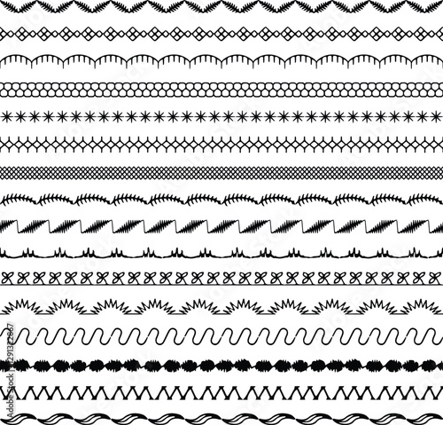 hand drawn embroidery stitched black vector borders.