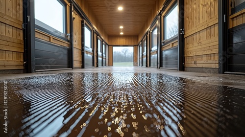 Reflective corridor of a rustic stable with wet floor and natural light guiding towards open doors