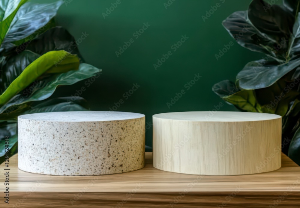 Circular Stone and Wooden Pedestals on Wooden Table with Green Background Circular Stone and Wooden Pedestals on Wooden Table with Green Background
