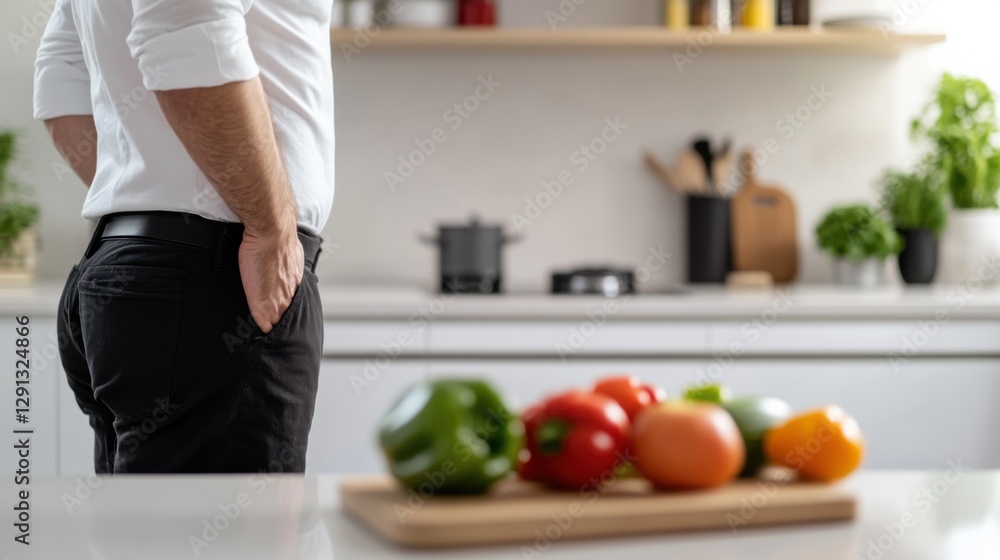 Abdominal pain experienced by a man standing in a kitchen. Featuring discomfort and distress Abdominal pain experienced by a man standing in a kitchen. Featuring discomfort and distress