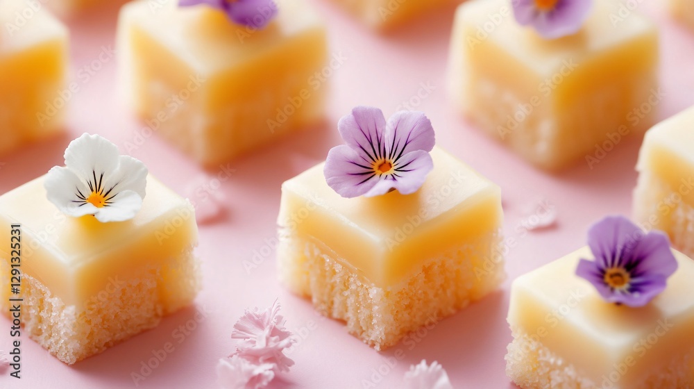 Delicate marzipan petit fours, each topped with a miniature edible flower, set against a soft pastel pink background Delicate marzipan petit fours, each topped with a miniature edible flower, set against a soft pastel pink background