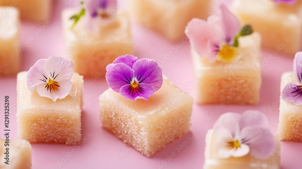 Delicate marzipan petit fours, each topped with a miniature edible flower, set against a soft pastel pink background Delicate marzipan petit fours, each topped with a miniature edible flower, set against a soft pastel pink background