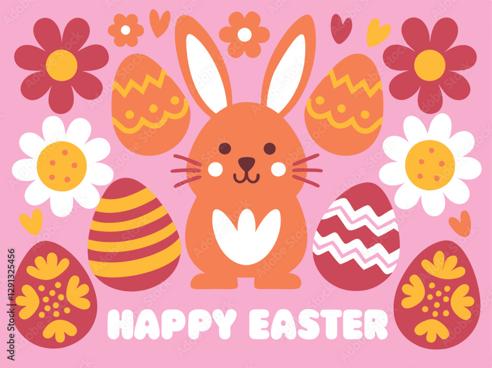 Playful Easter illustration with a simple bunny, bright flowers, and colorful patterned Easter eggs on a pink background. Features Happy Easter text in a bold style Playful Easter illustration with a simple bunny, bright flowers, and colorful patterned Easter eggs on a pink background. Features Happy Easter text in a bold style