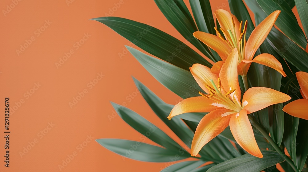 Orange Lilies and Lush Green Leaves on a Burnt Orange Background Orange Lilies and Lush Green Leaves on a Burnt Orange Background
