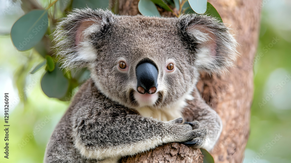 Fototapeta premium Koala resting on eucalyptus tree, Australian wildlife