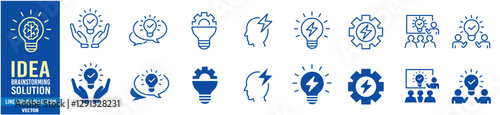 Idea icon set. Creative, business, solution, brainstorming, innovation, Lightbulb, brain, meeting, thinking and management. Editable stroke icons collection vector illustration. 