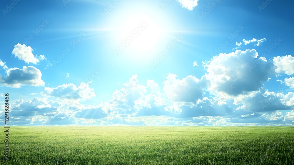 Bright Sunny Day Over Lush Green Field and Blue Sky with Fluffy White Clouds Bright Sunny Day Over Lush Green Field and Blue Sky with Fluffy White Clouds