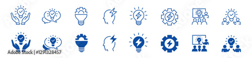 Idea icon set. Creative, business, solution, brainstorming, innovation, Lightbulb, brain, meeting, thinking and management. Editable stroke icons collection vector illustration. 