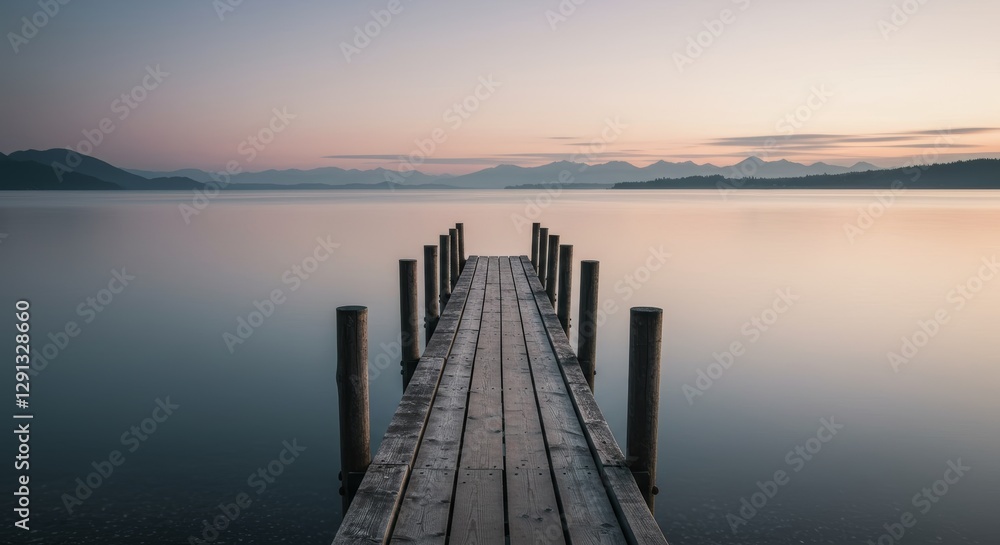 Serene Lakeside View, Wooden Dock at Sunset with Muted Color Palette Serene Lakeside View, Wooden Dock at Sunset with Muted Color Palette
