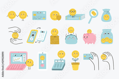 Cute kawaii  icons of finance and money for  investing and economic education