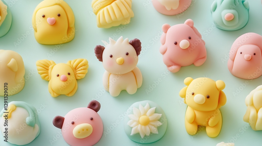 Obraz premium Kid-friendly marzipan sweets, shaped into fun animals, set against a cheerful pastel-colored background
