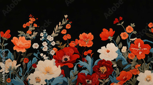 Vibrant floral embroidery on linen fabric for textile art and design photo