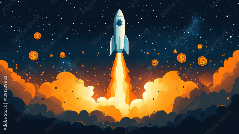 Fototapeta premium Dynamic investment illustrating rocket launching with coins, symbolizing financial growth and opportunity in vibrant cosmic background