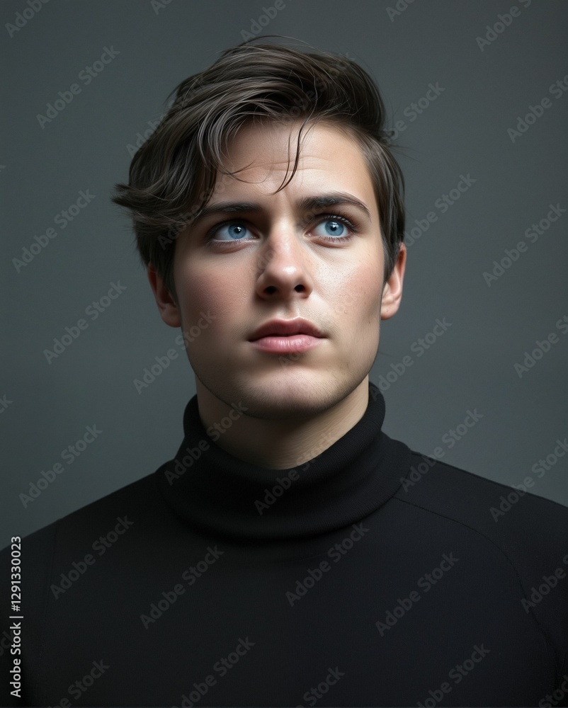 Fototapeta premium A close-up portrait of a young man with striking blue eyes, wearing a black turtleneck, gazing thoughtfully upwards against a neutral background.