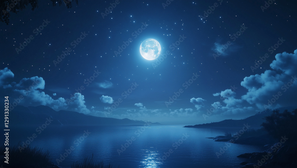 Naklejka premium Glowing blue moon and cloud scape