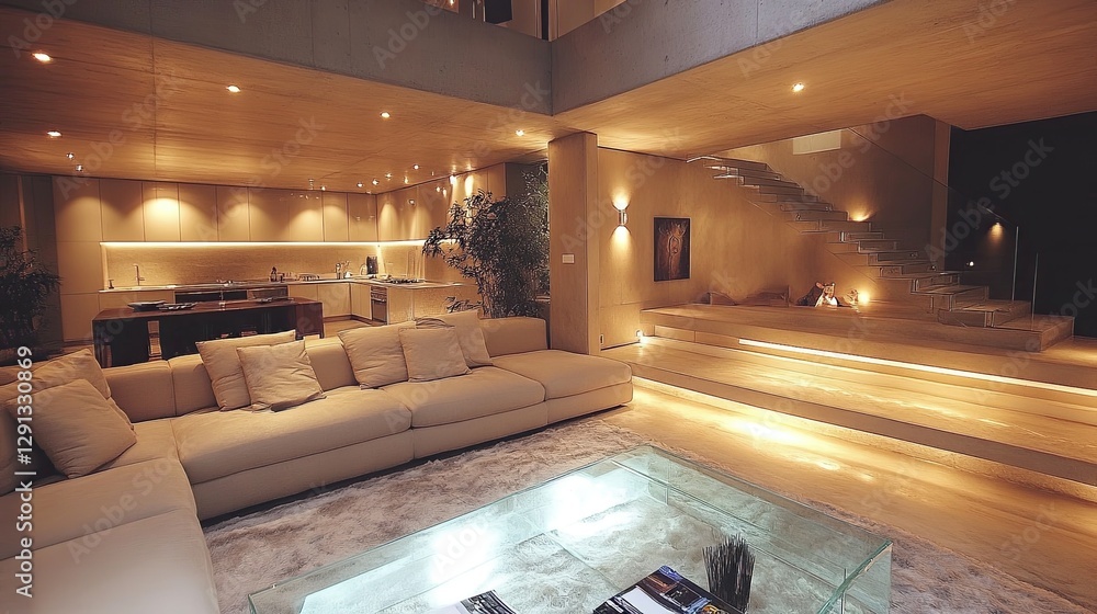 Fototapeta premium Modern and stylish living room with an open kitchen and elegantly designed staircase in a luxurious home environment