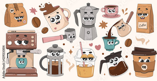 Coffee stickers set with cartoon groovy characters. Coffee shop patches, elements, tags, labels. Retro 70s 80s style.