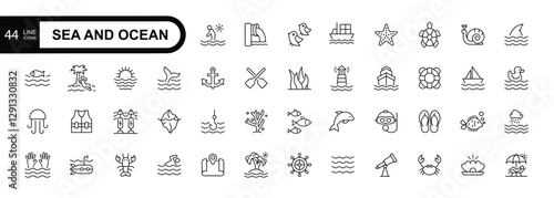 Sea and ocean line editable stroke icon set. Vector illustration.