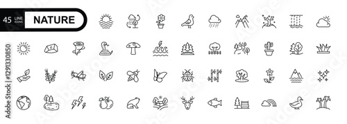 Nature line editable stroke icons related to sun, sea, forest and mountain collection. Simple vector illustration.