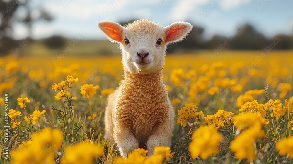 Fototapeta premium Adorable young lamb standing in a vibrant field of yellow flowers beneath a bright blue sky on a sunny day
