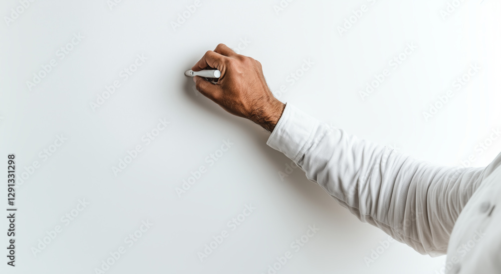Fototapeta premium Hand with a marker poised to create on a blank wall, capturing a moment of creativity and expression in a minimalistic setting