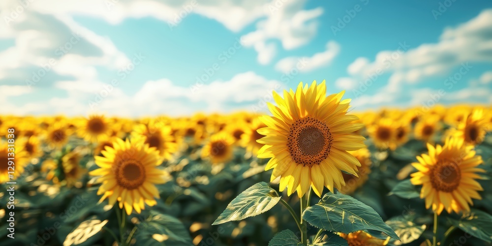 Fototapeta premium 3d background minimalistic mockup with space for text, bright sunflower field stretching towards the horizon