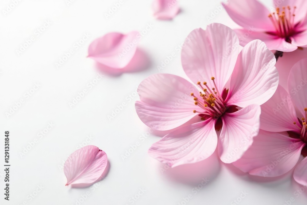 Soft pink sakura petals unfolding on white background, blossom petals, blossom Soft pink sakura petals unfolding on white background, blossom petals, blossom
