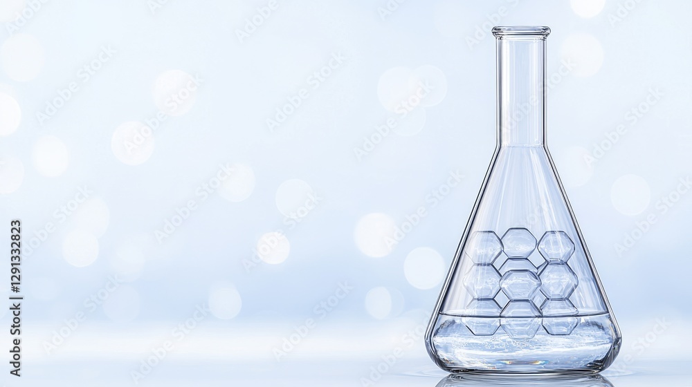 Clear Glass Flask with Hexagonal Shapes; Laboratory Experiment; Blurred Background; Educational Resource Clear Glass Flask with Hexagonal Shapes; Laboratory Experiment; Blurred Background; Educational Resource