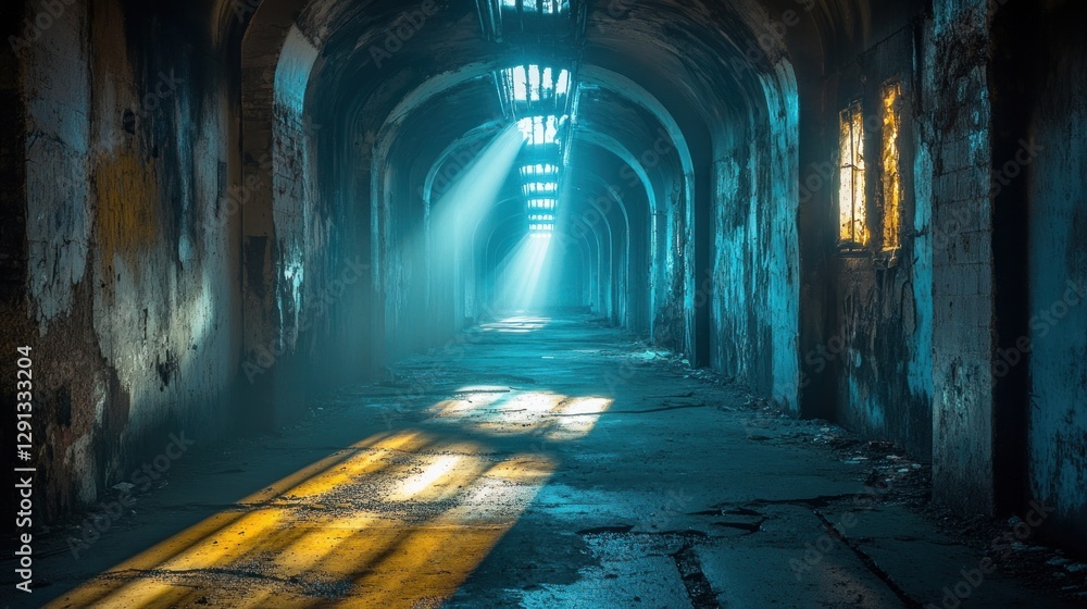 Naklejka premium Sunbeams in derelict tunnel, arched hallway, urban exploration, mystery