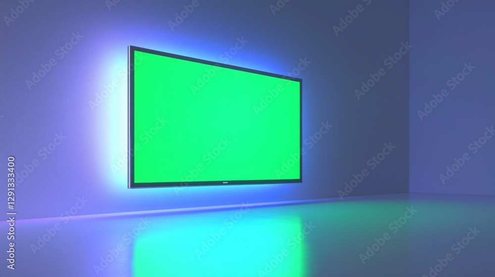 Modern Minimalist Room with Green Screen Television Displayed on Wall in Soft Ambient Light Modern Minimalist Room with Green Screen Television Displayed on Wall in Soft Ambient Light