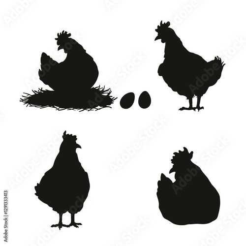 Chicken black silhouette. Isolated hen collection. Black drawing of farm birds. Natural food logo