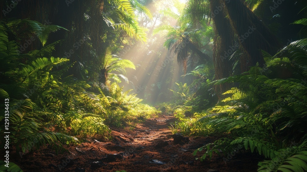 Fototapeta premium Sunlit Jungle Path, Lush Foliage, Mystery, Adventure Game Background