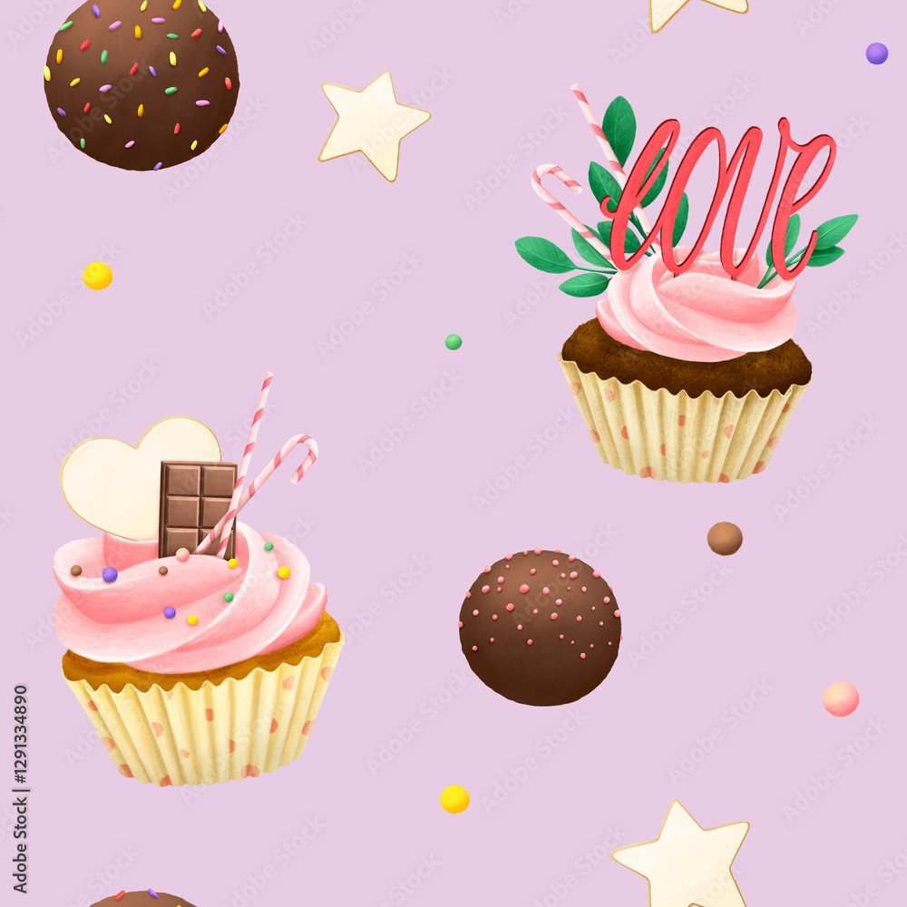 Seamless pattern of sweet chocolate cupcakes and cookies. Seamless pattern of sweet chocolate cupcakes and cookies.