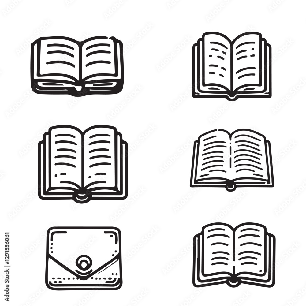 Book line doodle icon set. Hand drawn sketch doodle style line icon book, diary. Open library, reading, school education doodle concept icon. Blue pen line style stroke. Vector illustration Book line doodle icon set. Hand drawn sketch doodle style line icon book, diary. Open library, reading, school education doodle concept icon. Blue pen line style stroke. Vector illustration