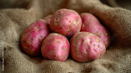 Fresh organic pink potatoes gathered in a rustic jute sack ready for cooking or storage