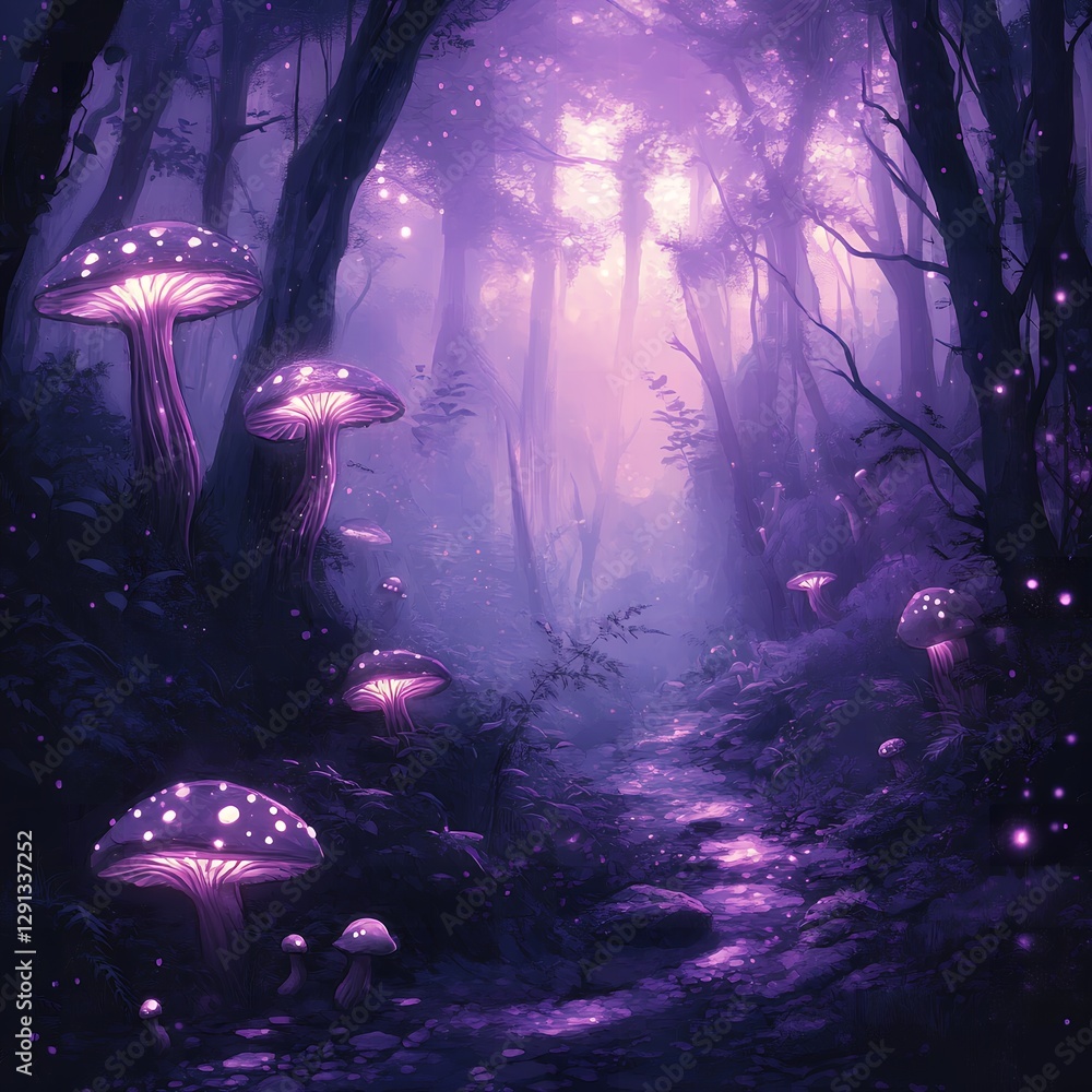 Fototapeta premium Magical Glowing Purple Forest Path Fantasy Illustration with Mushrooms