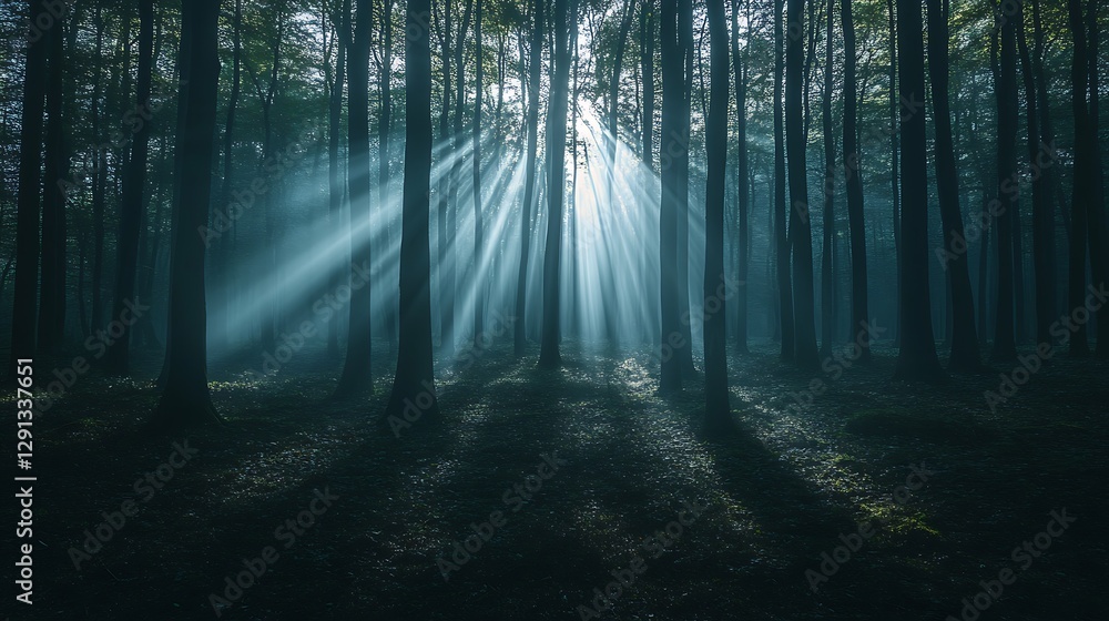 Fototapeta premium Sunbeams shining through tall trees of the forest dark