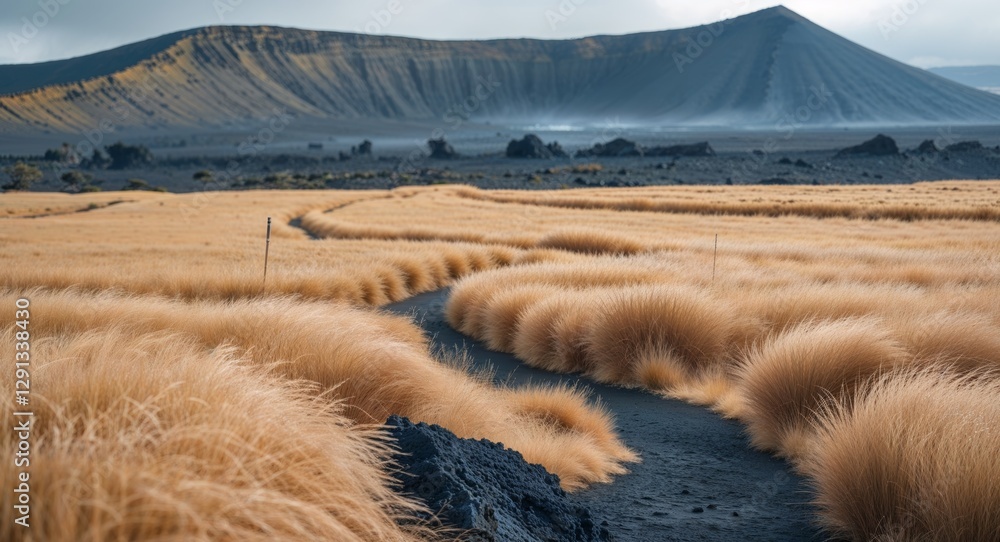 Obraz premium Volcanic Landscape Path Through Golden Field.