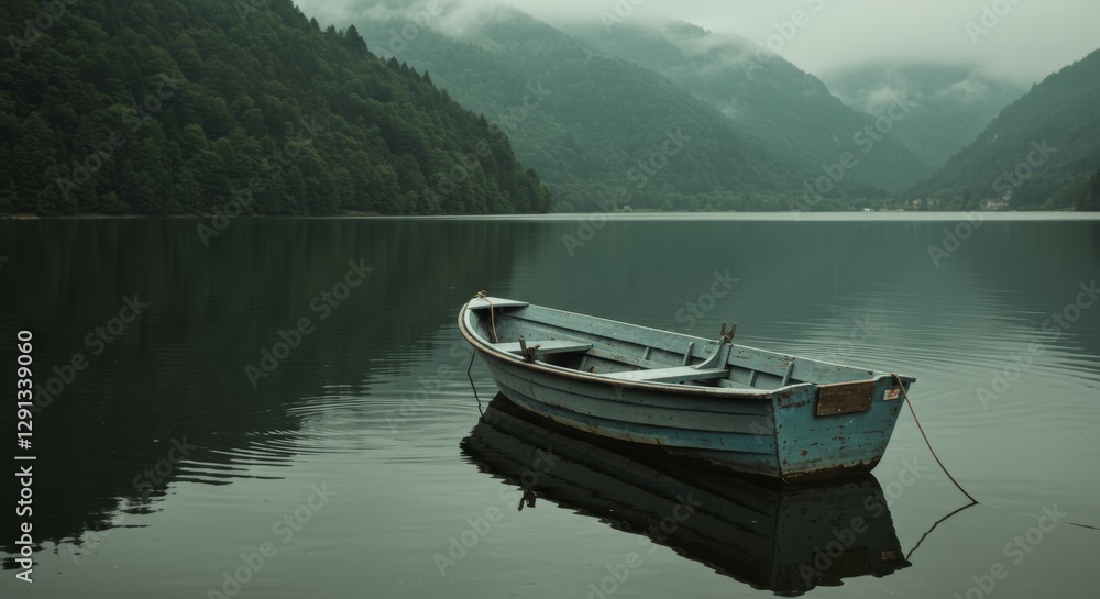 Serene lake scene with a rustic boat nestled amongst misty mountains Serene lake scene with a rustic boat nestled amongst misty mountains