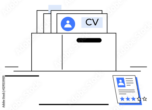 Job application folder with resumes, profile icons, and rating cards. Ideal for HR, recruitment, hiring, talent assessment, resume management career services employment. Abstract line flat metaphor