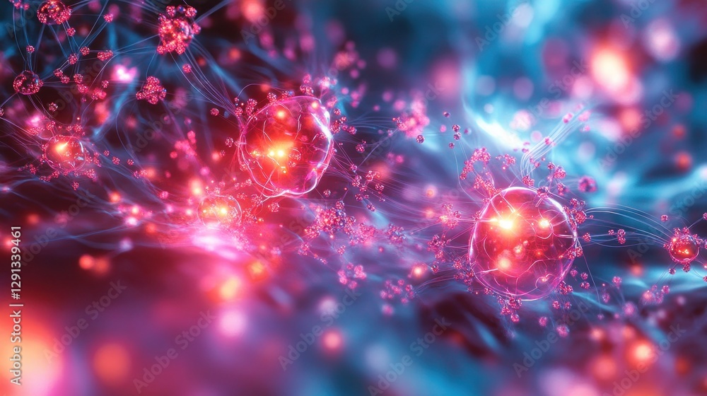 Microscopic Cell Network, vibrant, glowing, abstract background, medical research