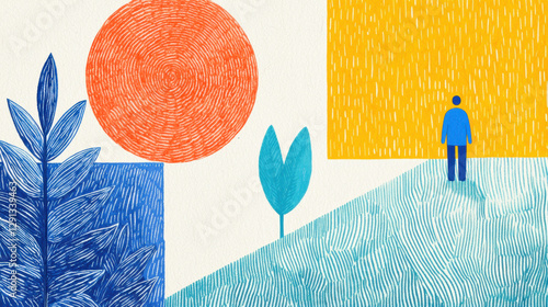Quixotic flat illustration, A vibrant abstract landscape featuring a figure, geometric shapes, and bold colors, evoking a sense of exploration.