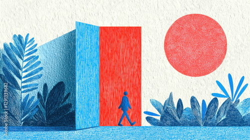 Quixotic flat illustration, A figure walks towards a colorful structure under a large sun, surrounded by stylized foliage.