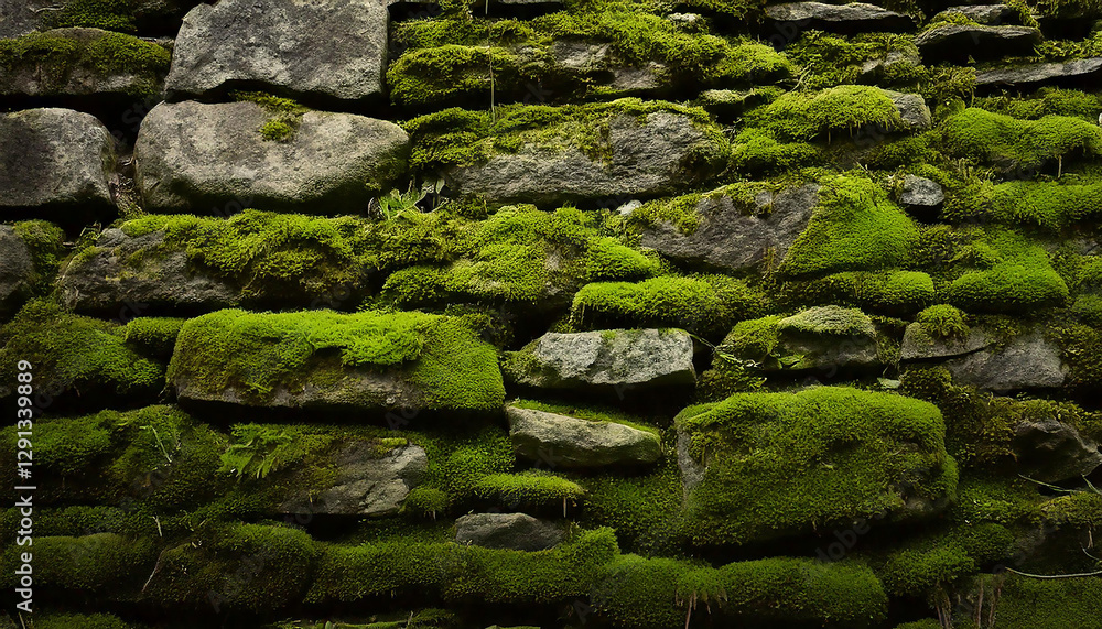 Weathered stone wall with moss growing in cracks, realistic natural texture Weathered stone wall with moss growing in cracks, realistic natural texture
