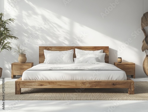 Contemporary bed featuring a soft white comforter accompanied by a vibrant green plant, enhancing a peaceful bedroom vibe