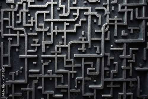 Abstract metallic maze, sophisticated minimalist gray tones, representing decision-making or finding solutions, with copy space
