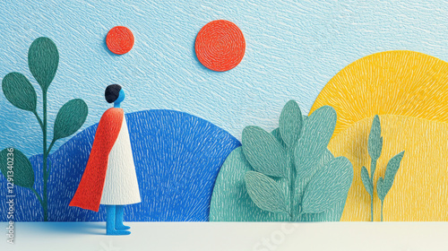 Quixotic flat illustration, A colorful illustration of a figure in a cape gazing at abstract landscapes and bright suns.