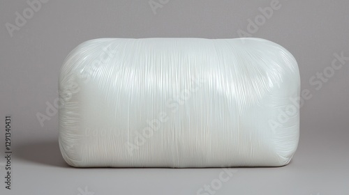 White fiberfill bale, studio shot, grey background, packaging photo